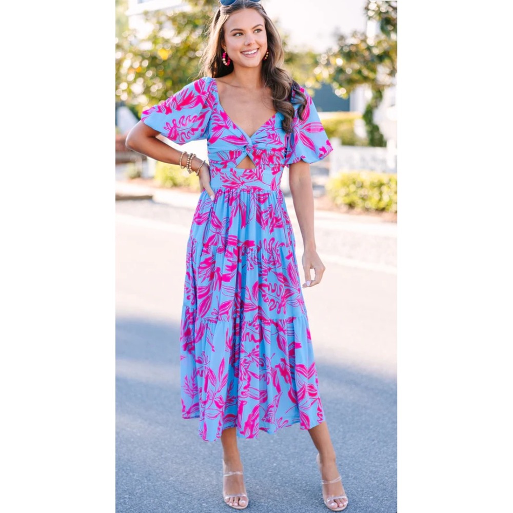 Flying Tomato, M, Blue/Pink, Floral Midi Dress, Flowy Resort Wear, Puff Sleeve